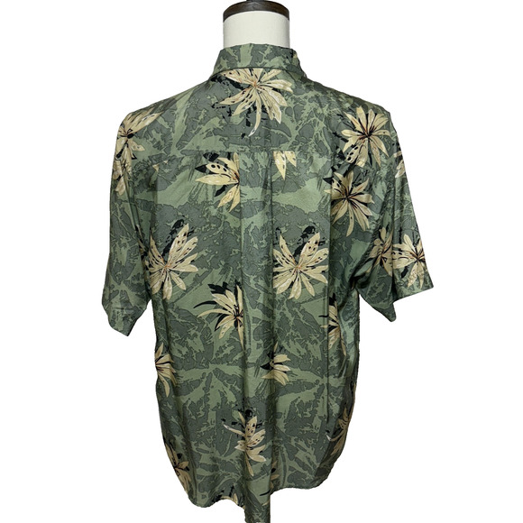 Windham Pointe Shirt Mens Large Green Tan Hawaiian Floral Silk Blend Beachy - Picture 2 of 8